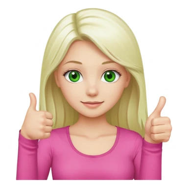 Long platinum blonde hair girl with green eyes in  pink top showing a thumbs up sticker