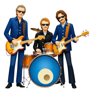 Icon for Blues Rock: collage of the band Cream, with silhouettes of the members (Eric Clapton, Jack Bruce, Ginger Baker) and symbolic items like guitars, drums and bass. The design should convey the powerful, energetic vibe of the band's music. Transparent background. sticker
