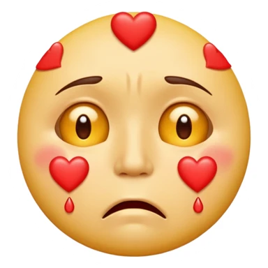 A yellow circular frowning face that is crying tears from its eyes, with a dozen hearts floating from top to bottom in front of it sticker