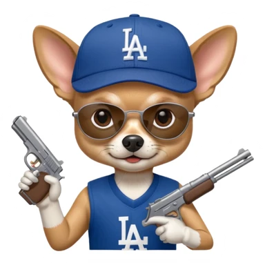 Chihuahua with Los Ángeles Dodgers cap, sun glasses and holding a gun  sticker