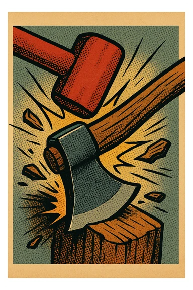 a mallet or hammer slamming into an axe, dynamic impact, flying wood chips, cartoon style sticker