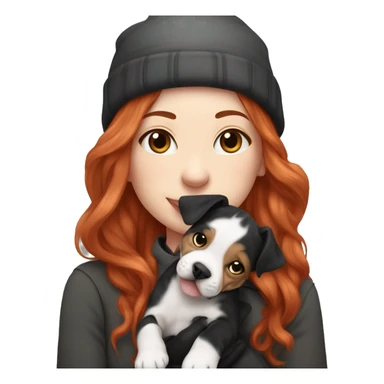 Long Red haired woman in beanie with septum piercing holding black and white English Staffordshire puppy and tabby cat sticker