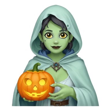 female orc ghost emoji, green skin, tusks, gentle smile, wearing flowing white ghost cloak with black eye holes, holding pumpkin lantern, faint glowing blue mist, Halloween fantasy, smooth Apple emoji style, white background, square sticker