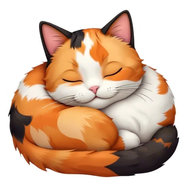 Meme-Worthy Cute Sleeping Calico Cat Portrait Emoji, Head resting peacefully with a content, gentle smile and softly closed eyes, featuring a delicate patchwork fur in vibrant orange, black, and white hues, simplified yet irresistibly endearing, highly detailed, glowing with a soft, drowsy radiance, high shine, exuding relaxed and utterly lovable charm, styled with a gentle, soft glowing outline, capturing the essence of a sleeping calico cat that appears destined to become a viral icon of adorable rest! sticker