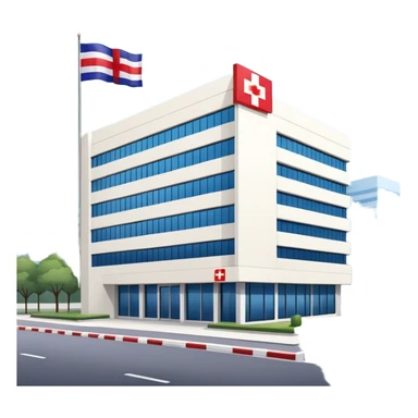 Hospital building with Thai flag waving, red cross medical symbol, Thailand flag with red white blue stripes sticker