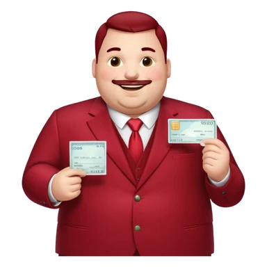 huge fat guy bold head in dark red velvet suit holding cheque sticker