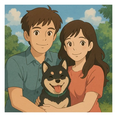couple with pet posing for photo sticker