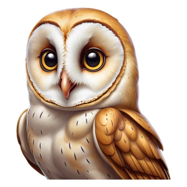 Cinematic Comical Barn Owl Portrait Emoji, Head tilted dramatically with an exaggeratedly amused expression, featuring a striking mottled plumage with bold contrasts, wide, expressive amber eyes filled with playful disbelief, Simplified yet hilariously expressive features, highly detailed, glowing with a slightly sassy glow, high shine, dramatic yet playful, stylized with an air of cheeky nocturnal mischief, bright and endearing, soft glowing outline, capturing the essence of a spirited and over-the-top owl, so meme-worthy it feels like it could hoot its way into internet fame instantly! sticker