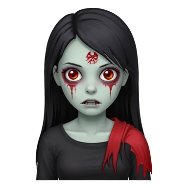 Garota zumbi com cabelo todo preto liso longo e mechas vermelhas na lateral da cabeça dos dois lados, usando uma blusa com um lado da manga caida preta  sticker