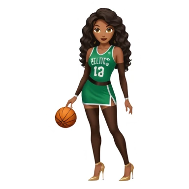 A 47-year-old chocolate ebony brown black woman with brown eyes, long body wave black brown baylaige hair dressed in sexy 
celtics jersey costume outfit and stilettos  sticker