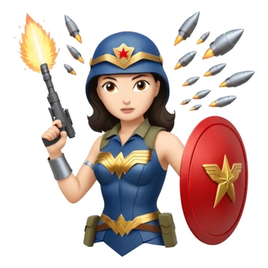 Female full confidence battle ready soldier heroically saving lives accompanied by Wonder Woman , with shelling happening all around sticker