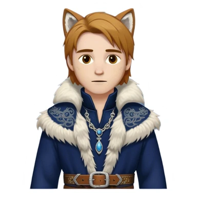 Medieval winter outfit worn by a DnD themed fantasy male character. Midnight blue felted wool tunic with silver fox fur collar, embellished with ornate metal clasps and a thick leather belt with decorative stitching. Clothes only above the waist, full waist coverage. The character has no arms. Character is white-skinned with honey brown hair, amber eyes, and shoulder-length straight hair with winter-weathered ends. sticker