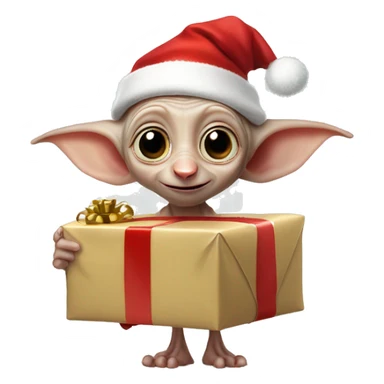 Dobby the house-elf wearing a tiny Santa hat, holding a wrapped gift with his big, joyful eyes shining sticker