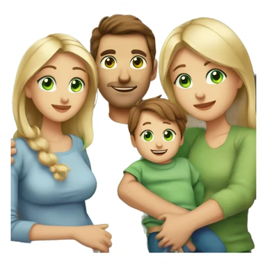 Mom with brown hair and green eyes holding a baby boy  with brown hair and blue eyes in her arms  next to dad with brown hair and green eyes holding hands with a an older girl with blonde hair and blue eyes next to a young boy with brown hair  sticker