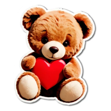 A photo Realistic teddy bear holding a red heart sticker