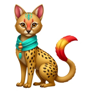 Colorful cute adorable tropical exotic fruity kiwi-green lemony rosy neon-red Caracal-Cheetah-Civet-Trico-fusion-hybrid-animal-creature, full body, with tribal tattoos, wearing a yellow-and-cyan scarf sticker