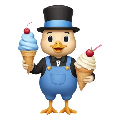 chicken in blue overalls and a black top hat, with an ice cream sundae sticker
