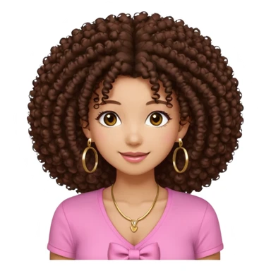 Naturally tan skin girl short darkBrown curly afropink shirt very long lashes hoop gold earrings Brown eyes gyaru smiling closed mouth cute bow hairclip small on the side. V neck pink shirt. Teenager bow on shirt, cleavage sticker