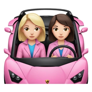 Car facing forward in pink sports car. The best friend girls are not smiling but very pretty, just neutral expression. One girl is blonde, one girl is brunette. Front of car sitting in the seats. Make it a pink sports car. They are two baddies make it a Lamborghini pink car  sticker