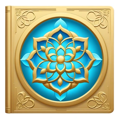 Un libro book dorado y azul celeste con detalles esmeralda, bordes luminosos y un símbolo de círculo zen, loto en la portada, irradiando presencia, tranquilidad y despertar espiritual. portada de libro sticker