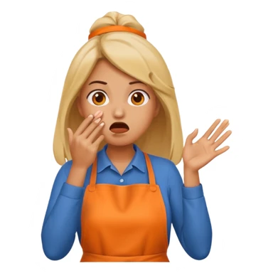 scared woman with her hands on her mouth, emoji style, more details, sideways pose, orange apron, different pose, different background sticker