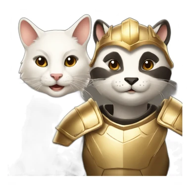 a smiling badger with a white female cat wearing a golden light armour also smiling sticker