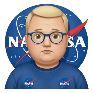 miffed and sad chubby man, with blond short and hight receding hairline, wears a dark blue nasa sweatshirt, nasa logo on the breast, round glasses, 40 years old sticker