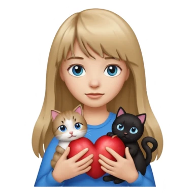 Apple-style emoji sticker of a young woman with long dark blond hair and bangs, blue eyes , holding a spotting black-and-white kitty on her chest.  sticker