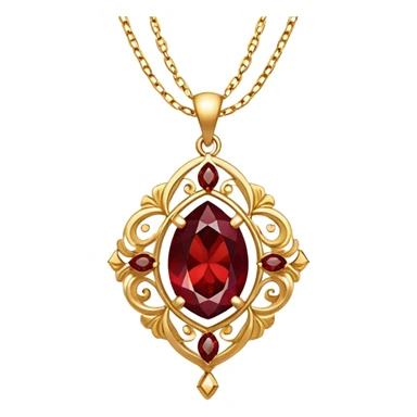 glowing red garnet pendant as a talisman of grounding and rebirth, dancing on a gold chain sticker