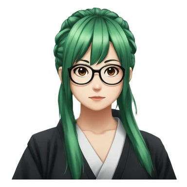 Maki zenin from jujutsu kaisen, Green hair tied one pony tail,side bangs, visible glasses, serious face, wear black leggings, Jujutsu kaisen women uniform sticker