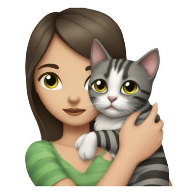 Brunette girl with green eyes, holds in her arms a British gray, striped cat with brown eyes sticker