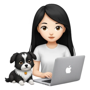 Asian girl long black hair, wearing a white t-shirt, working on an Apple laptop, next to her is a small black and white female dog sticker