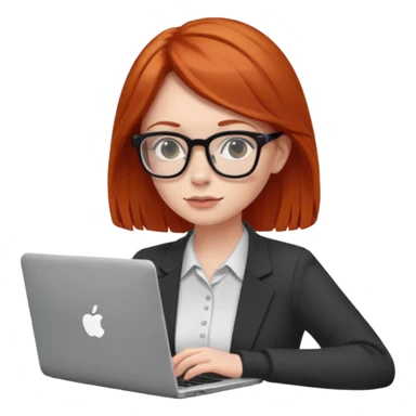 redhead female with glasses focused on a laptop sticker