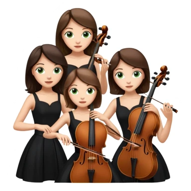 Create an imagine of three brunette women playing string instruments in black dresses, the first is playing a cello with blue eyes, the second is playing a viola with hazel eyes and the third is playing the violin with green eyes sticker