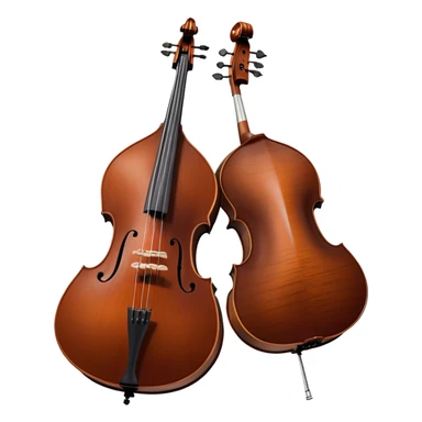 Create an elegant and detailed emoji representing a Gliga Gama double bass with bow. The design should showcase the large, sleek body of the double bass with its rich wood finish, including the characteristic curves and deep tone holes. The bow should be elegantly positioned next to the instrument, highlighting the hair and smooth wooden stick. Use warm wood tones like chestnut brown for the body of the bass, silver accents for the fittings, and dark brown for the bow. Add subtle musical notes or sound waves flowing from the bass to represent its deep, resonant sound. The background should be transparent. sticker