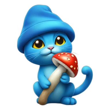 blue smurf cat with a mushroom fungai hat, with berries on his back and a stick poking into the berries with a snail poked into it sticker