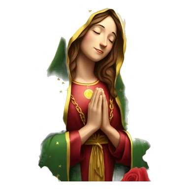 Virgin Mary: kind face looking down at the left, long brown hair, Wearing an emerald green  robe with gold stars and a burgundy red dress,  Hands in prayer or blessing. Halo around her head. standing in front of a big sun. colorful roses on the sides  sticker