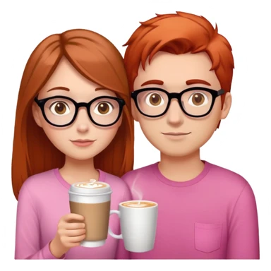 girl with brown hair and hazel eyes drinking latte, hair just below shoulder length and wearing a pink shirt. She is with her with her boyfriend who has orange/red hair, black glasses, and is taller than her. He needs a book in his hand”. The girl does not wear glasses  sticker