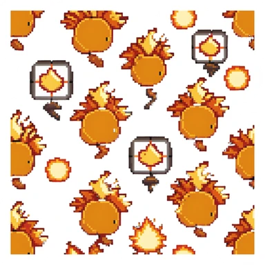 Bomberman right-facing end-cap explosion tile, flames ending and tapering rightward with pronounced flame wisps, orange/yellow with more red at the tips, extending about 70% into right direction sticker