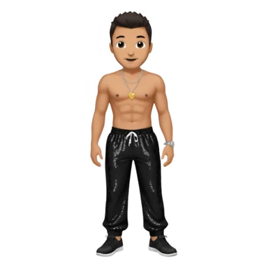 Peter Andre with dark brown hair, black sequin baggy pants, shirtless with necklace sticker