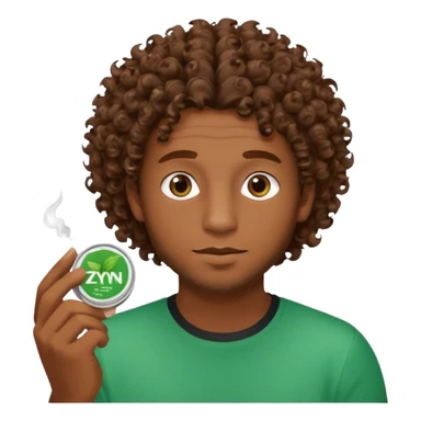 Man with Curley brown hairholding Zyn spearmint snus sticker