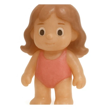 Make the beach girl much more transparent and match the exact retro 90's toy style of the previous ocean animal emojis. Use natural colors (tan skin, brown hair, pink swimsuit), derpy eyes, no tag, no background. Soft plastic, soft reflections, soft and squishy, some cloudiness, not shiny, highly detailed, appealing. The style should resemble retro 90's soft plastic toy style with soft reflections and cloudiness, not shiny. sticker