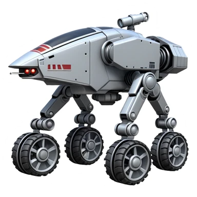 Star Wars jumping 8-wheel armored canine sporty self-balancing massive mech trail assault vehicle motor-in-wheel side-hill leaning actively robotically articulating hydraulic independent suspended pod gimbal defender mech off-road racing rover with large fast engine basher crawler megatron  sticker