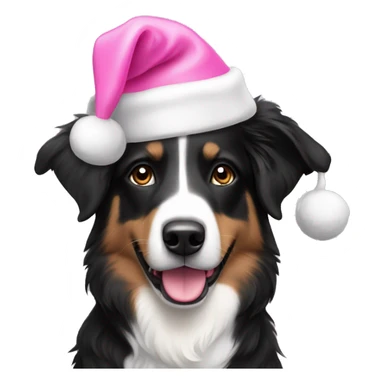 Black and white Australian shepherd wearing pink Santa hat sticker