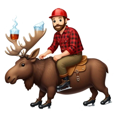 canadian lumberjack wearing red and black flannel shirt and drinking maple syrup and wearing ice skates while riding on a moose sticker