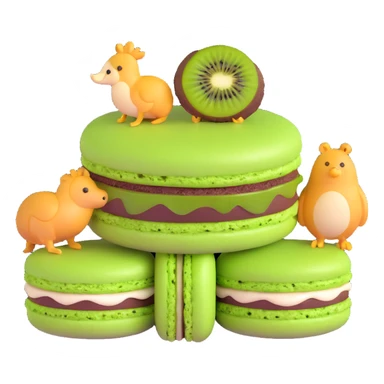 A green macaron with a kiwi slice on top, two animals peeking out, light green background with white stars, detailed texture sticker