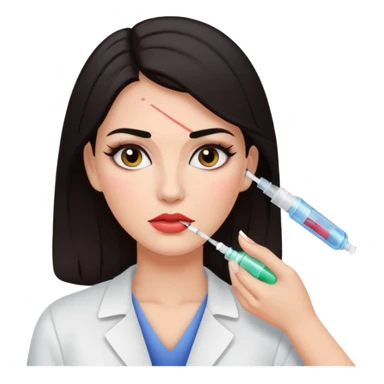 White woman with dark hair and makeup getting an injection on a face sticker