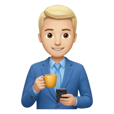 Confident and outgoing male entrepreneur, Caucasian features, blonde hair, big friendly smile, expressive eyes, defined eyebrows, wearing a blue blazer over a light blue shirt, holding a smartphone in one hand and a coffee cup in the other, waist-up, front-facing sticker