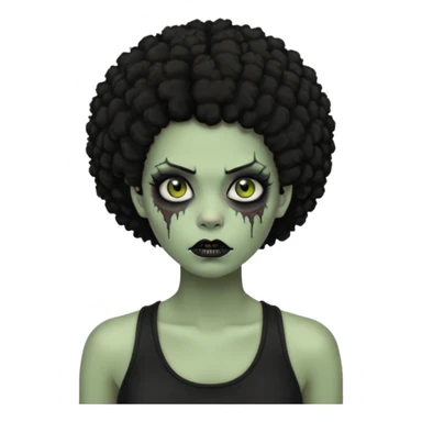 a female zombie with sage green skin, black afro hair, eyelashes and a black tank top sticker