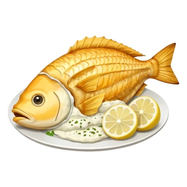 Create a realistic fried fish piece served with sauce & garnish. sticker